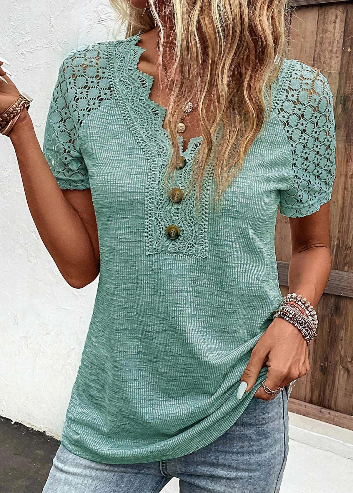 Green Lace Short Sleeve V Neck T Shirt 14 Green Lace Short Sleeve V Neck T Shirt - Image 12