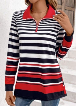 Multi Color Zipper Striped Long Sleeve Sweatshirt