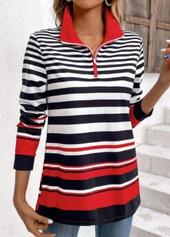 Multi Color Zipper Striped Long Sleeve Sweatshirt -Modlily Shop 336126 P 16904676115984