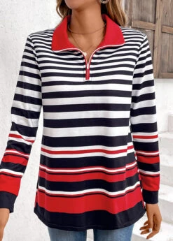 Multi Color Zipper Striped Long Sleeve Sweatshirt -Modlily Shop 336126 P 16904676117832
