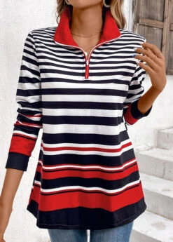 Multi Color Zipper Striped Long Sleeve Sweatshirt -Modlily Shop 336126 P 16904676118873