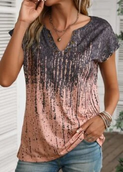 Dusty Pink Grommet Graffiti Print T Shirt -Modlily Shop 336145 P 16881206460680