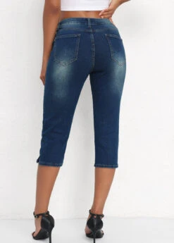 Denim Blue Mid Waisted Capri Button Fly Leggings -Modlily Shop 336155 P 16883495787741