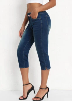 Denim Blue Mid Waisted Capri Button Fly Leggings -Modlily Shop 336155 P 16883495790042