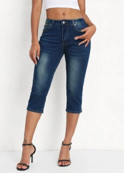 Denim Blue Mid Waisted Capri Button Fly Leggings -Modlily Shop 336155 P 16883495791905