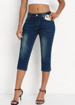 Denim Blue Mid Waisted Capri Button Fly Leggings -Modlily Shop 336155 P 16883495792044