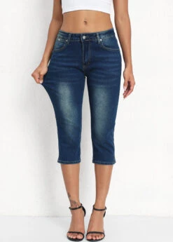 Denim Blue Mid Waisted Capri Button Fly Leggings -Modlily Shop 336155 P 16883495792583