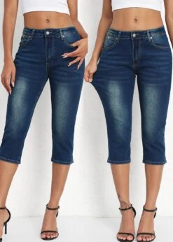 Denim Blue Mid Waisted Capri Button Fly Leggings -Modlily Shop 336155 P 16883495793776