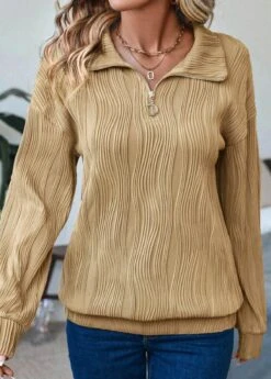 Light Camel Zipper Long Sleeve Turn Down Collar Sweatshirt -Modlily Shop 336158 P 16946732401885