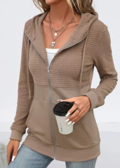 Light Coffee Pocket Long Sleeve Hoodie -Modlily Shop 336164 P 16893250299722