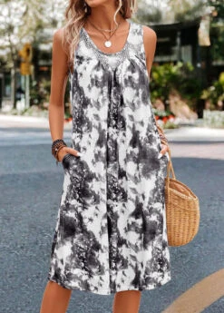 Black Pocket Tie Dye Print Shift Dress