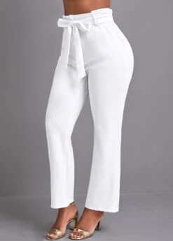 White Pocket Belted Zipper Fly High Waisted Pants -Modlily Shop 336338 P 16883786574482
