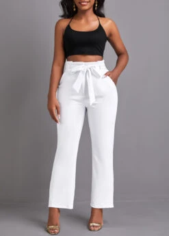 White Pocket Belted Zipper Fly High Waisted Pants -Modlily Shop 336338 P 16883786575583