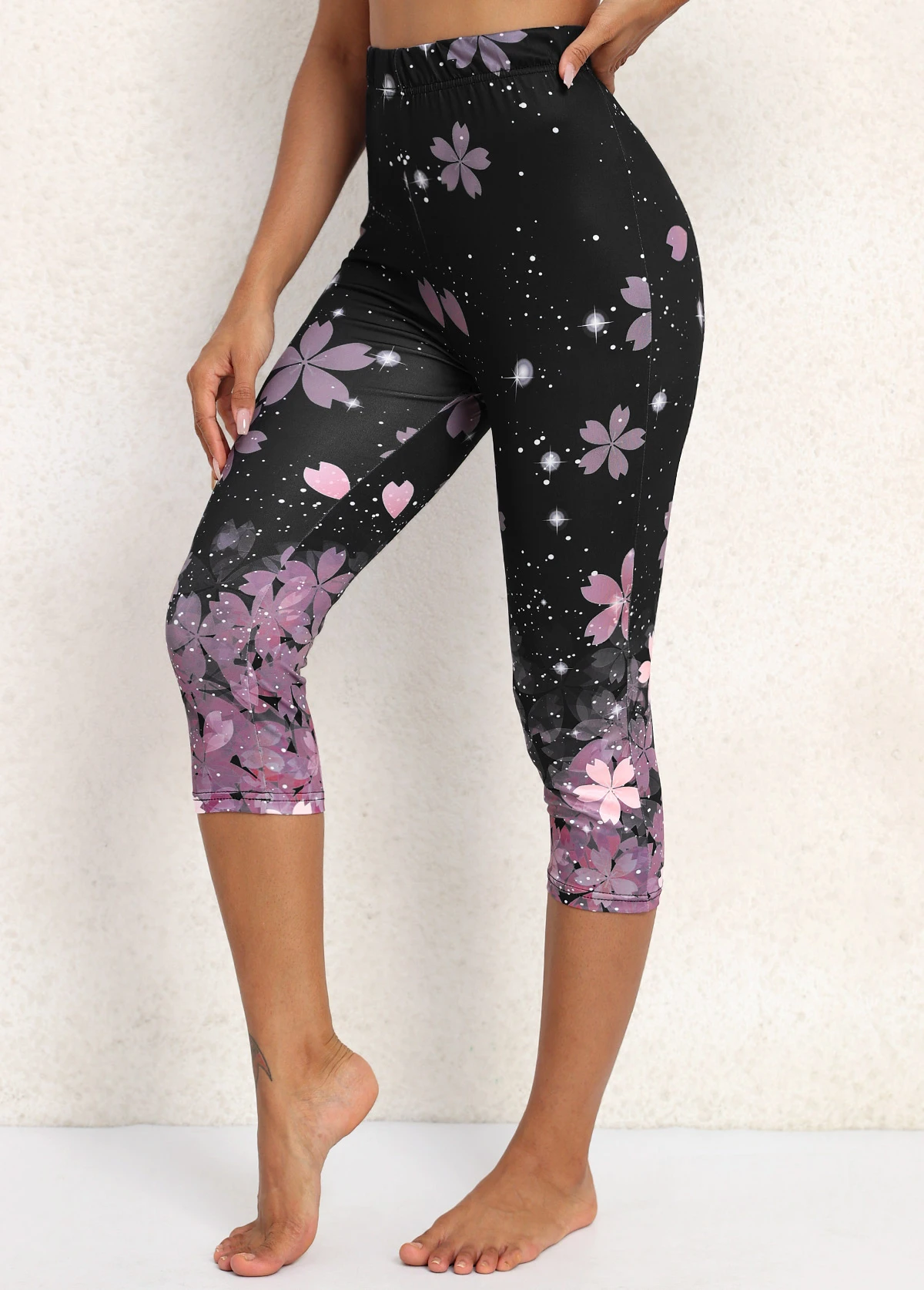 Black Floral Print High Waisted Capri Leggings 5 Black Floral Print High Waisted Capri Leggings - Image 3