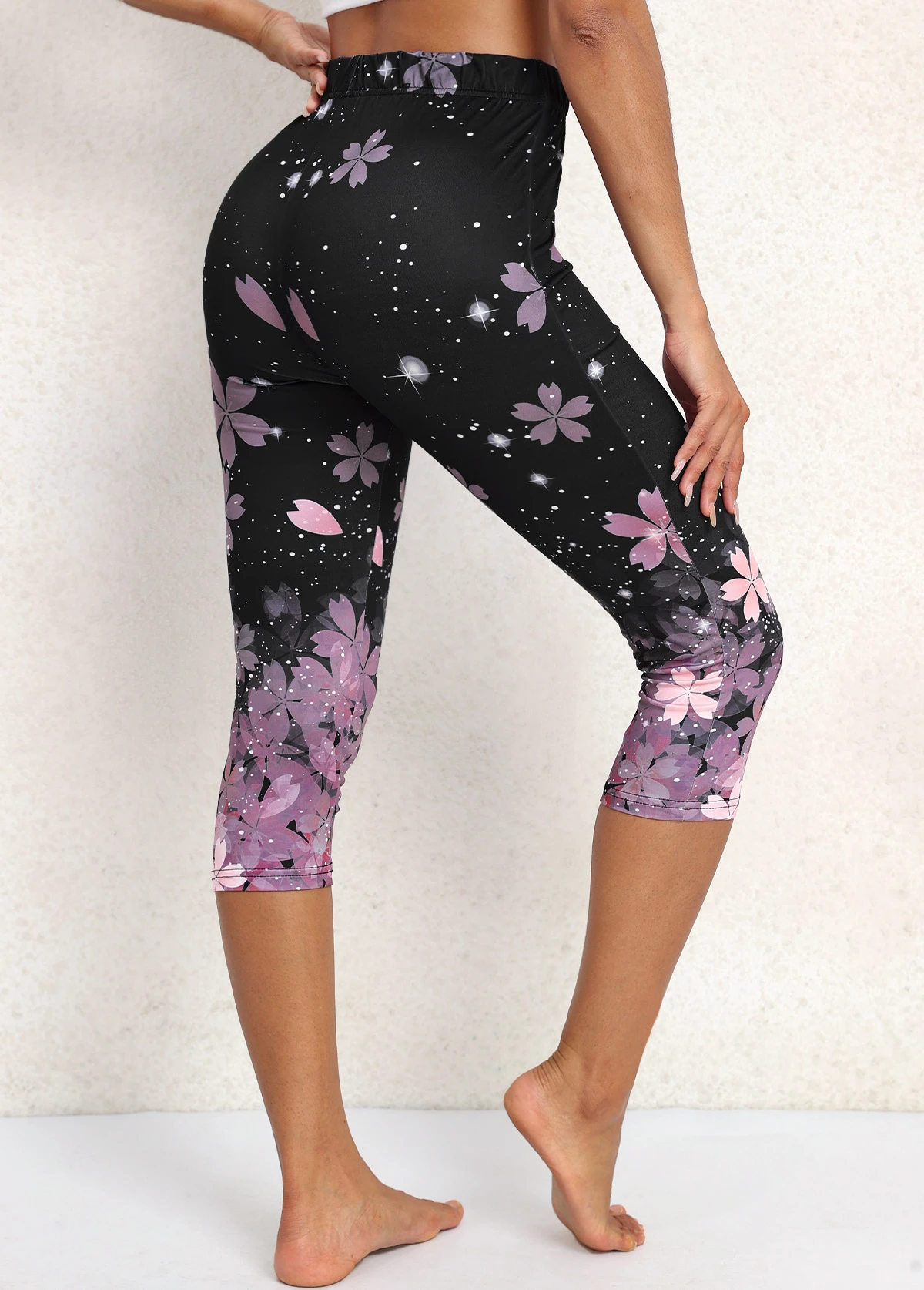Black Floral Print High Waisted Capri Leggings 4 Black Floral Print High Waisted Capri Leggings - Image 2