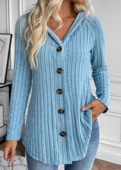 Dusty Blue Button Long Sleeve Hooded Coat -Modlily Shop 336509 P 16915762061980