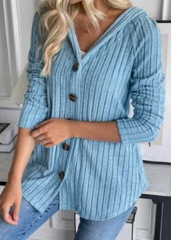 Dusty Blue Button Long Sleeve Hooded Coat