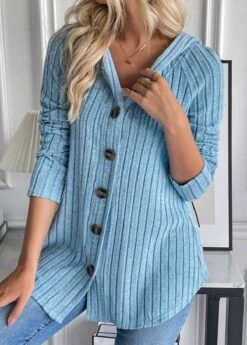 Dusty Blue Button Long Sleeve Hooded Coat -Modlily Shop 336509 P 16915762067045