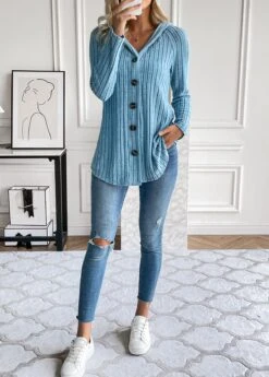 Dusty Blue Button Long Sleeve Hooded Coat -Modlily Shop 336509 P 16915762067604