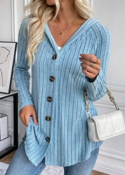 Dusty Blue Button Long Sleeve Hooded Coat -Modlily Shop 336509 P 16915762068362