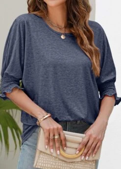 Navy Breathable Three Quarter Length Sleeve T Shirt -Modlily Shop 336532 P 1686895240775