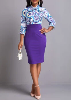 Purple Bowknot Tribal Print Tie Collar Bodycon Dress -Modlily Shop 336603 P 16916655141453