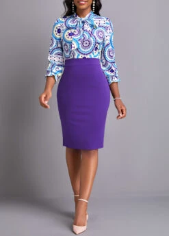 Purple Bowknot Tribal Print Tie Collar Bodycon Dress