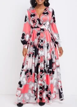 Pink Umbrella Hem Geometric Print Maxi Dress -Modlily Shop 336622 P 16908115254404
