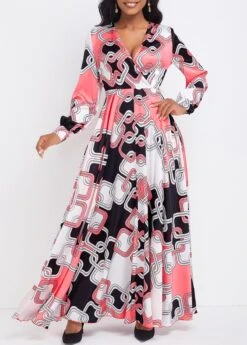 Pink Umbrella Hem Geometric Print Maxi Dress -Modlily Shop 336622 P 16908115256093