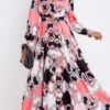 Pink Umbrella Hem Geometric Print Maxi Dress