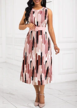 Pink Two Piece Belted Round Neck Dress And Cardigan -Modlily Shop 336631 P 16902488320653