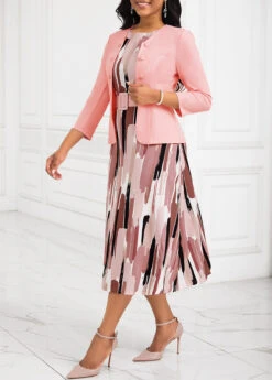 Pink Two Piece Belted Round Neck Dress And Cardigan -Modlily Shop 336631 P 16902488322622