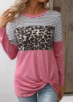 Pink Twist Leopard Long Sleeve T Shirt -Modlily Shop 336673 P 16878651973284