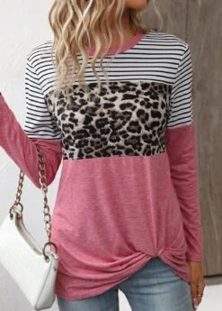Pink Twist Leopard Long Sleeve T Shirt -Modlily Shop 336673 P 16878651974583
