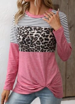 Pink Twist Leopard Long Sleeve T Shirt -Modlily Shop 336673 P 16878651974922