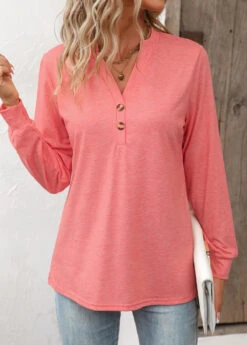 Peach Red Button Long Sleeve T Shirt 10 Peach Red Button Long Sleeve T Shirt -Modlily Shop 336674 P 16879531853140