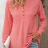 Peach Red Button Long Sleeve T Shirt -Modlily Shop 336674 P 16879531854494
