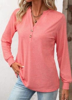 Peach Red Button Long Sleeve T Shirt 11 Peach Red Button Long Sleeve T Shirt -Modlily Shop 336674 P 16879531855092