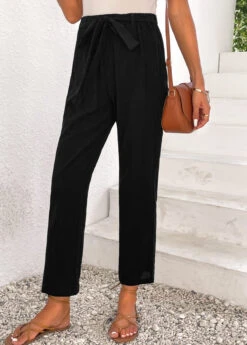 Black Bowknot Elastic Waist High Waisted Pants -Modlily Shop 336679 P 16899448884563