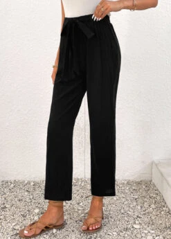 Black Bowknot Elastic Waist High Waisted Pants -Modlily Shop 336679 P 16899448884594