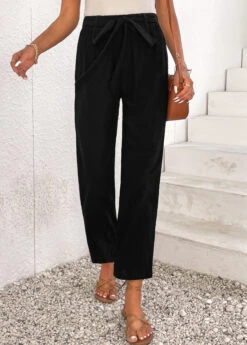 Black Bowknot Elastic Waist High Waisted Pants -Modlily Shop 336679 P 16899448885632
