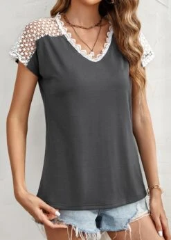 Dark Grey Patchwork Short Sleeve T Shirt -Modlily Shop 336749 P 16896634915675