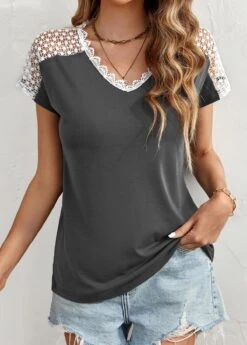 Dark Grey Patchwork Short Sleeve T Shirt -Modlily Shop 336749 P 16896634918354