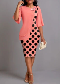 Coral Asymmetry Polka Dot Half Sleeve Bodycon Dress