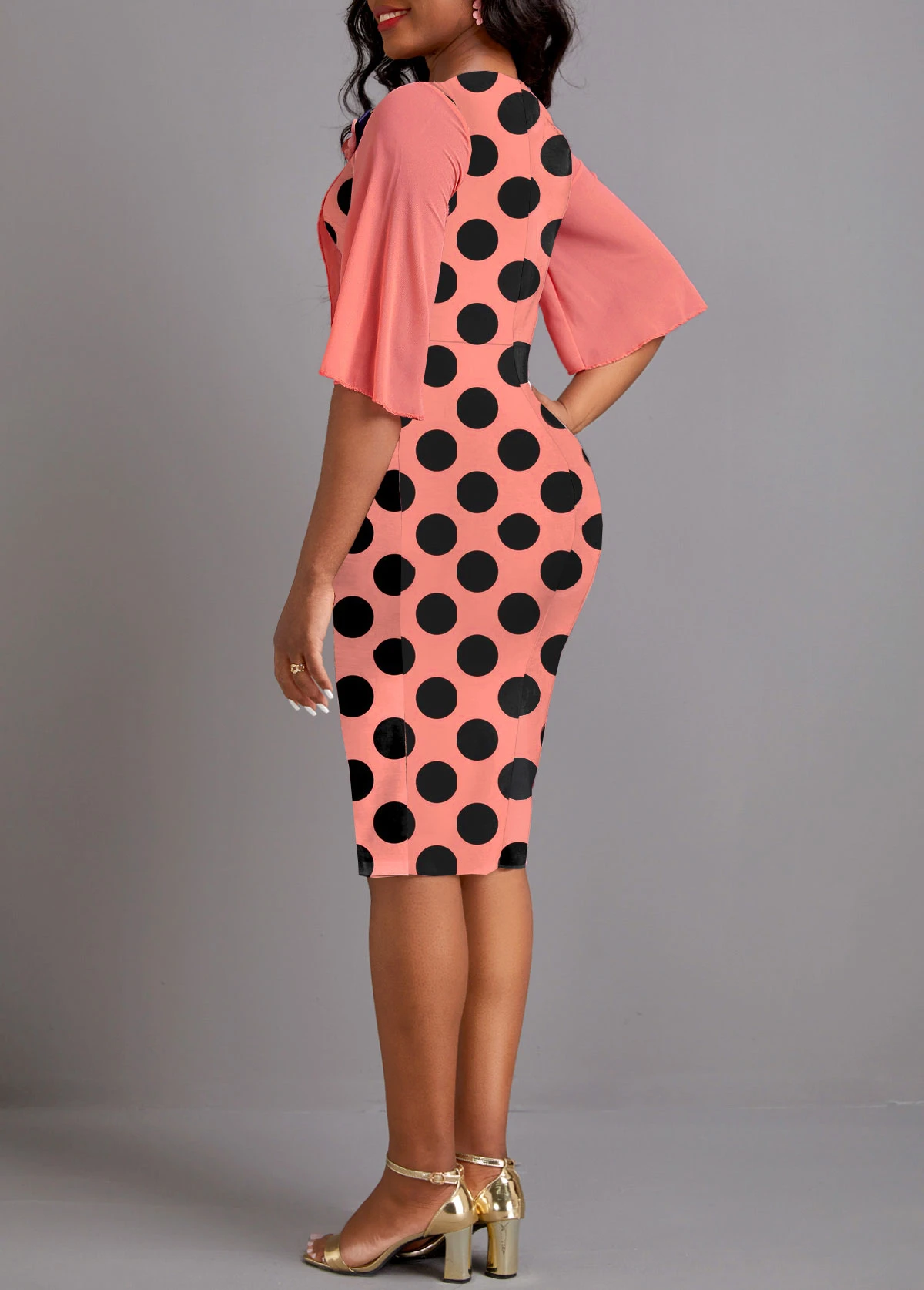 Coral Asymmetry Polka Dot Half Sleeve Bodycon Dress 4 Coral Asymmetry Polka Dot Half Sleeve Bodycon Dress - Image 2
