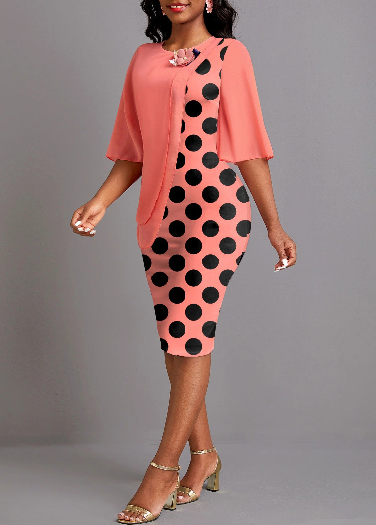 Coral Asymmetry Polka Dot Half Sleeve Bodycon Dress 5 Coral Asymmetry Polka Dot Half Sleeve Bodycon Dress - Image 3