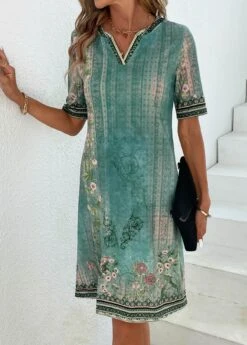 Green Patchwork Floral Print Shift Dress -Modlily Shop 337051 P 16897664174033