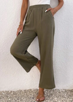 Olive Green Pocket Elastic Waist High Waisted Pants -Modlily Shop 337052 P 16896776440632