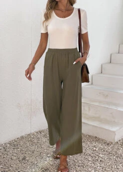 Olive Green Pocket Elastic Waist High Waisted Pants -Modlily Shop 337052 P 16896776448643