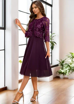 Dark Purple Lace Embroidery A Line Dress -Modlily Shop 337092 P 16980269921178